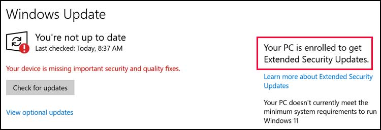 PC is enrolled to get Extended Security Updates in Windows Settings