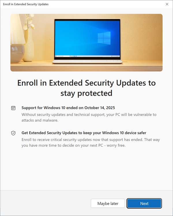 Enroll in Windows 10 ESU