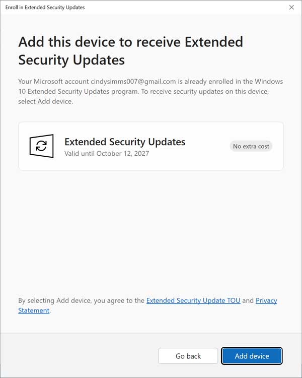 Add device to Windows 10 ESU program