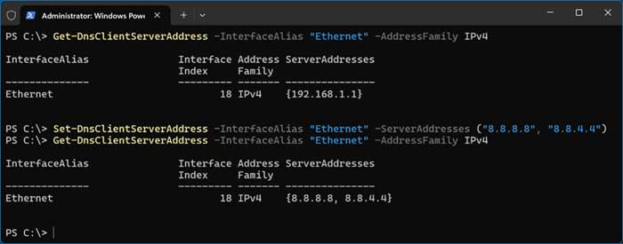 Set-DnsClientServerAddress -InterfaceAlias PowerShell networking command