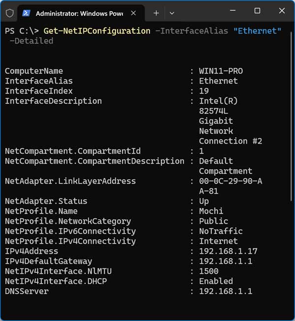 Get-NetIPConfiguration -InterfaceAlias PowerShell networking command