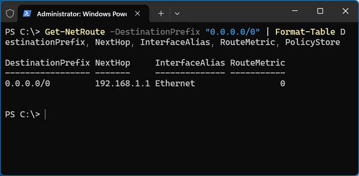 Get-NetRoute -DestinationPrefix PowerShell networking command