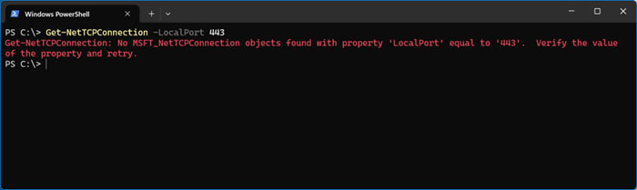 Get-NetTCPConnection -LocalPort command error