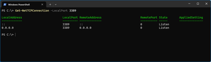 Get-NetTCPConnection -LocalPort 3389