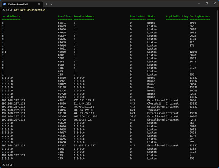 PowerShell Get-NetTCPConnection networking command