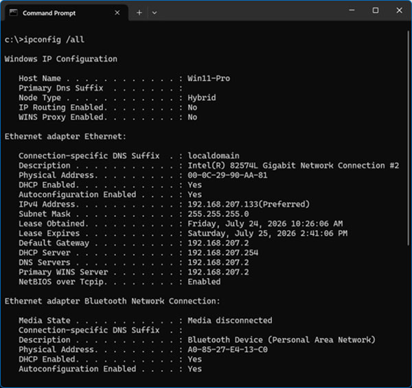 ipconfig /all command