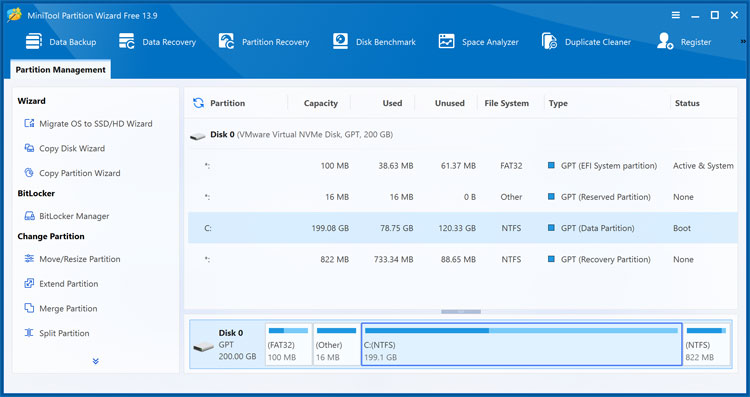 MiniTool Partition Wizard after extending a volume