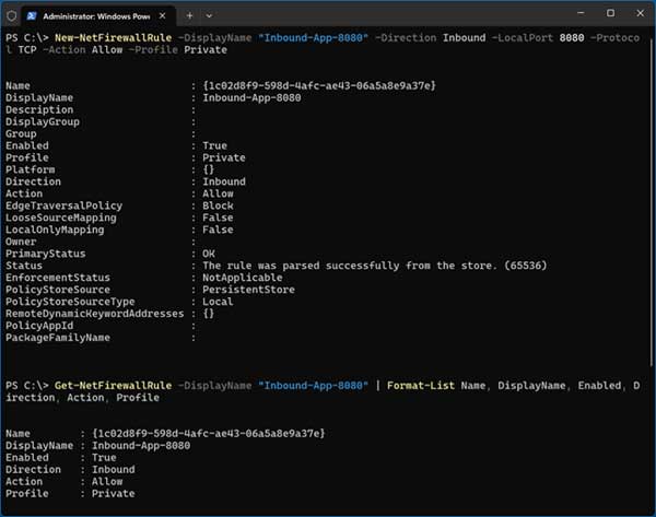 New-NetFirewallRule -DisplayName PowerShell networking command