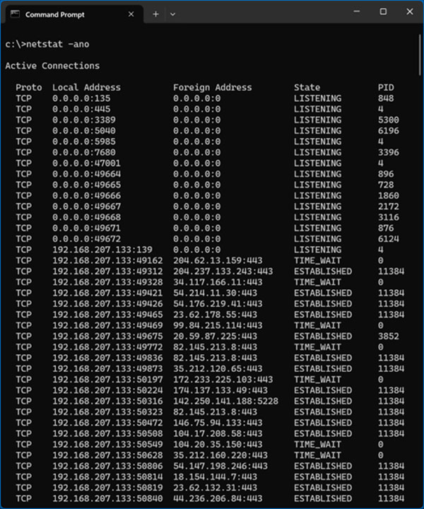netstat -ano network command