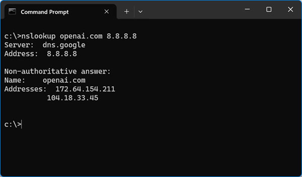 External nslookup network command
