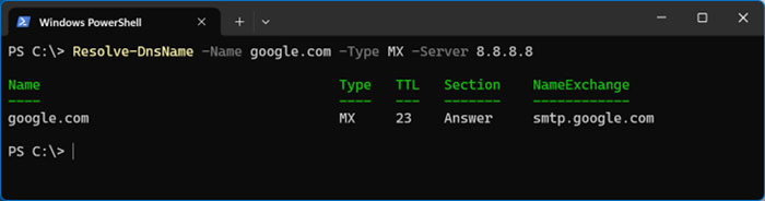 PowerShell Resolve-DnsName -Name google.com -Type MX -Server 8.8.8.8 sample command