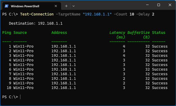 Test-Connection -TargetName "192.168.1.1" -Count 10 -Delay 2 PowerShell command