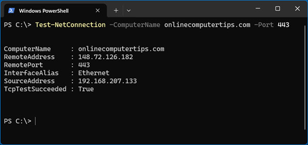 Test-NetConnection -ComputerName onlinecomputertips.com -Port 443