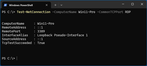 PowerShell Test-NetConnection -ComputerName Win11-Pro -CommonTCPPort RDP command