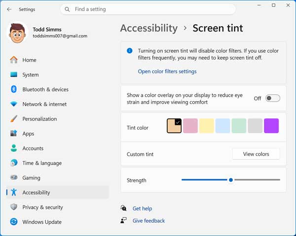 Windows 11 Screen Tint setting