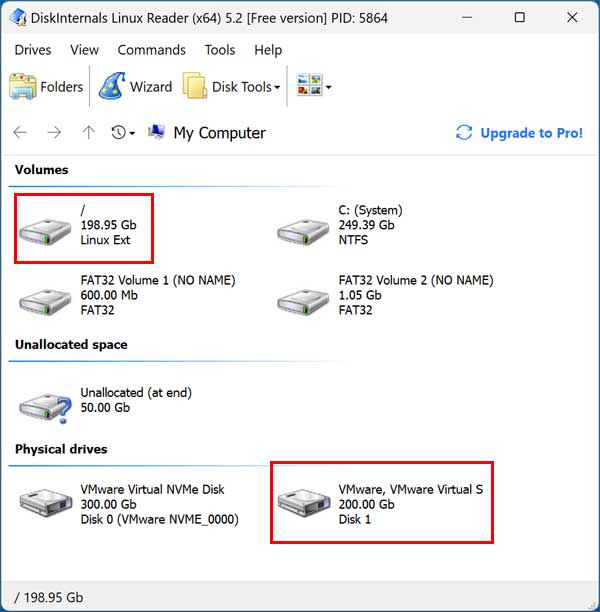 DiskInternals Linux Reader with Linux drive connected
