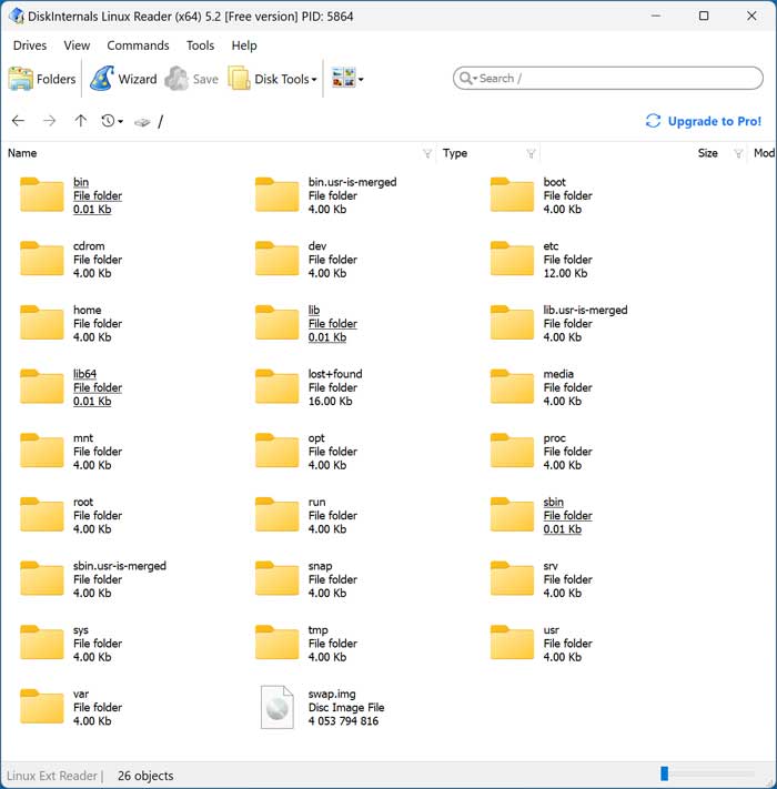 Browsing folders with DiskInternals Linux Reader