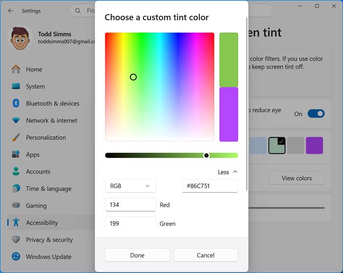Windows screen tint custom color