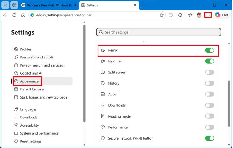 Microsoft Edge toolbar settings