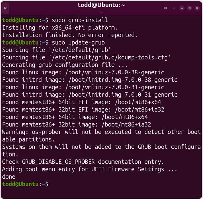 Linux sudo grub-install and sudo update-grub commands