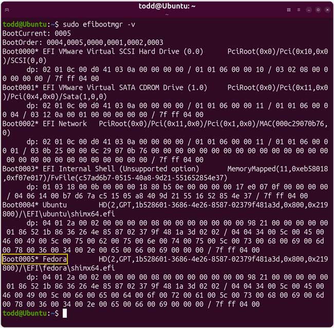 run the sudo efibootmgr -v command to list the UEFI boot entries