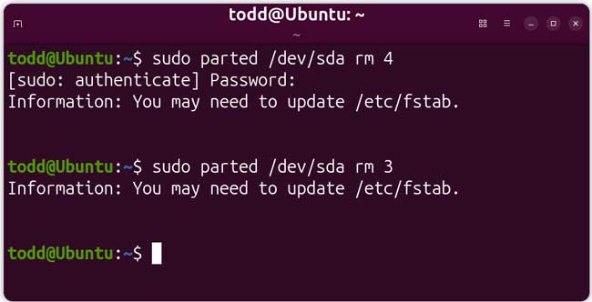 Linux sudo parted /dev/sda rm command