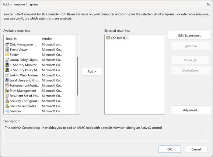 Microsoft Management Console (MMC) Add Snapin